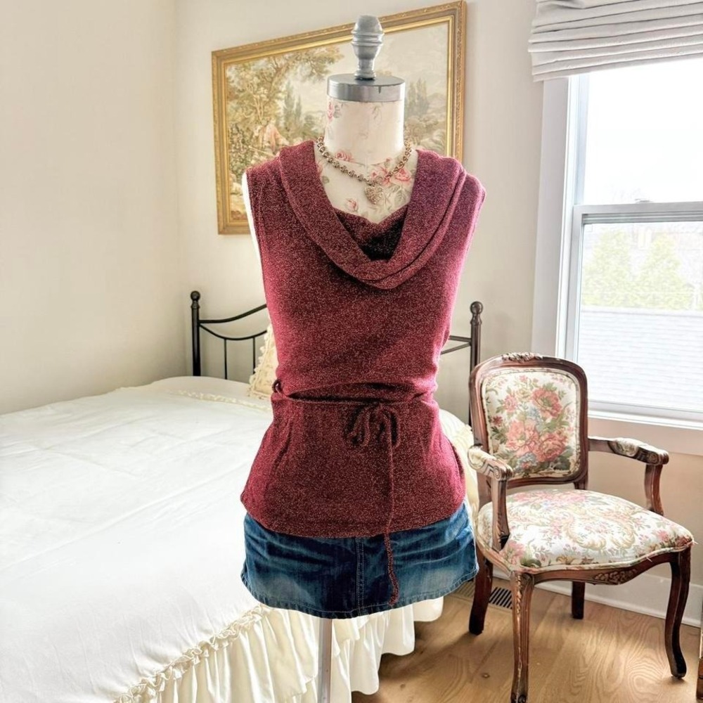 Sparkly cowl neck top  Y2K maroon shimmer cowl neck top